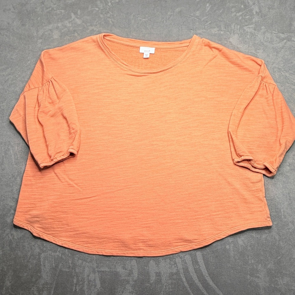 Pure Jill Top Women XL Petite Orange Slub 100% Cotton 3/4 Puff Sleeve Curved Hem